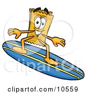 Poster, Art Print Of Yellow Admission Ticket Mascot Cartoon Character Surfing On A Blue And Yellow Surfboard