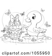 Poster, Art Print Of Coloring Page Outline Of A Cute Duckling By An Easter Basket