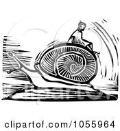 Royalty Free Vector Clip Art Illustration Of A Black And White Woodcut Styled Person Riding A Giant Snail