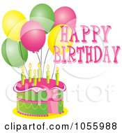 Poster, Art Print Of Pink And Green Cake With Candles Party Balloons And Happy Birthday Text