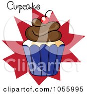 Royalty Free Vector Clip Art Illustration Of A Chocolate Frosted Cupcake In A Blue Cup With Text On A Red Burst