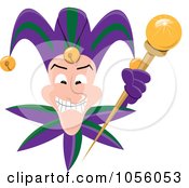 Grinning Mardi Gras Jester Holding A Wand