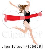 Royalty Free Vector Clip Art Illustration Of A Brunette Woman Breaking Through A Red Ribbon
