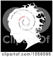 Royalty Free Vector Clip Art Illustration Of A White Silhouetted Girls Head With A Spiral Of Words Education Standing Out