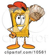 Clipart Picture Of A Yellow Admission Ticket Mascot Cartoon Character Catching A Baseball With A Glove by Toons4Biz
