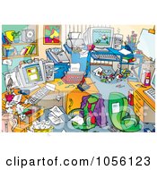 Poster, Art Print Of Very Messy Mens Office With Clutter On The Desks And Floors