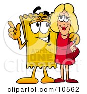 Yellow Admission Ticket Mascot Cartoon Character Talking To A Pretty Blond Woman
