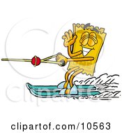 Yellow Admission Ticket Mascot Cartoon Character Waving While Water Skiing