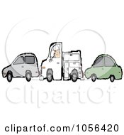 Royalty Free Vector Clip Art Illustration Of A Worker Man And His Utility Truck Stuck Between Two Cars by djart