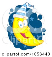 Poster, Art Print Of Happy Crescent Moon Wearing A Night Cap Over Blue Stars
