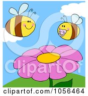 Royalty Free Vector Clip Art Illustration Of A Chubby Baby Bee And Adult Bee Over A Flower On A Sunny Day
