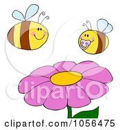 Royalty Free Vector Clip Art Illustration Of A Chubby Baby Bee And Adult Bee Over A Flower