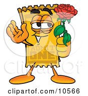 Yellow Admission Ticket Mascot Cartoon Character Holding A Red Rose On Valentines Day