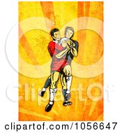 Poster, Art Print Of Retro Rugby Player Attacking On Orange Grunge