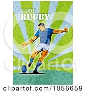 Royalty Free Clip Art Illustration Of A Retro Rugby Player Kicking On Green Grunge With Text