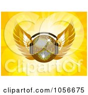 Poster, Art Print Of 3d Golden Disco Ball With Wings And Headphones On Yellow With Flares
