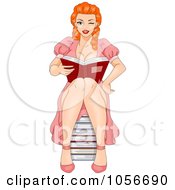 Poster, Art Print Of Pinup Woman Sitting On A Stack Of Books And Reading