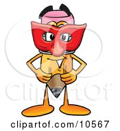 Pencil Mascot Cartoon Character Wearing A Red Mask Over His Face