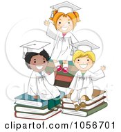 Poster, Art Print Of Three Graduate Kids Waving And Sitting On Books