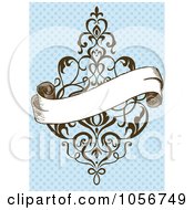 Royalty Free Vector Clip Art Illustration Of A Blank Banner Over An Ornate Design On Blue Invitation Or Background