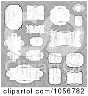 Royalty Free Vector Clip Art Illustration Of A Digital Collage Of Grungy White Frame Design Elements Over A Gray Damask Pattern