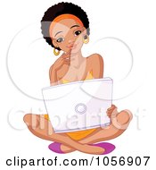 Royalty Free Vector Clip Art Illustration Of A Beautiful Young Black College Student Sitting On The Floor With A Laptop