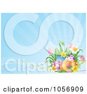 Poster, Art Print Of Corner Of Spring Flowers And Easter Eggs Over Blue Rays