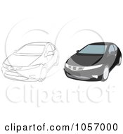 Royalty Free Vector Clip Art Illustration Of A Digital Collage Of An Outlined And Sporty Black Compact Car