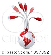 Royalty Free CGI Clip Art Illustration Of 3d USB Cables Connected To The Top Of A Red And White Globe