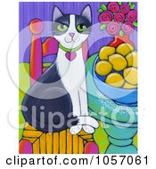 Poster, Art Print Of Tuxedo Cat Sitting On A Chair By A Bowl Of Lemons