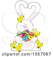 Poster, Art Print Of Bunny With Heart Ears Easter Eggs And Chicks