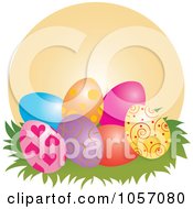 Poster, Art Print Of Easter Eggs In Grass Against An Orange Circle