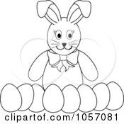Royalty Free Vector Clip Art Illustration Of A Coloring Page Outline Of A Bunny With A Row Of Easter Eggs