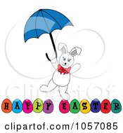 Poster, Art Print Of White Bunny With An Umbrella Over Happy Easter Eggs