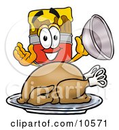 Poster, Art Print Of Paint Brush Mascot Cartoon Character Serving A Thanksgiving Turkey On A Platter