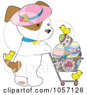 Poster, Art Print Of Puppy Wearing A Hat And Pushing A Cart Of Easter Eggs And Chicks