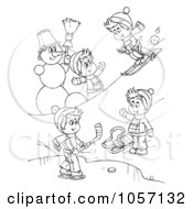 Poster, Art Print Of Coloring Page Outline Of Boys Playing In The Snow