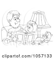 Poster, Art Print Of Coloring Page Outline Of A Father Reading To His Cat And Son