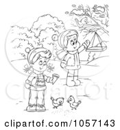 Poster, Art Print Of Coloring Page Outline Of Children Feeding Birds