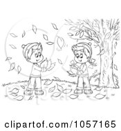 Poster, Art Print Of Coloring Page Outline Of A Boy And Girl Gathering Autumn Leaves