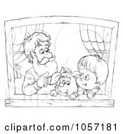 Poster, Art Print Of Coloring Page Outline Of A Boy Dog And Grandpa In A Window