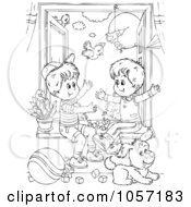 Poster, Art Print Of Coloring Page Outline Of Boys Playing By A Window