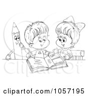 Royalty Free Clip Art Illustration Of A Coloring Page Outline Of Children Writing In A Photo Album by Alex Bannykh