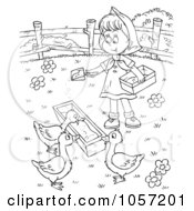 Poster, Art Print Of Coloring Page Outline Of A Farm Girl Feeding Geese