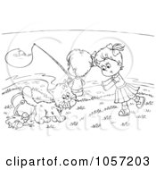 Poster, Art Print Of Coloring Page Outline Of Children And A Cat Fishing