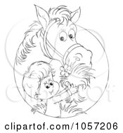 Royalty Free Clip Art Illustration Of A Coloring Page Outline Of A Boy Feeding A Horse