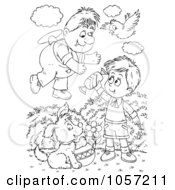 Royalty Free Clip Art Illustration Of A Coloring Page Outline Of A Boy Sharing Candy With A Flyer Man