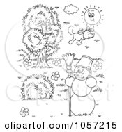 Royalty Free Clip Art Illustration Of A Coloring Page Outline Of A Dog Flying Over A Snowman