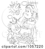 Royalty Free Clip Art Illustration Of A Coloring Page Outline Of A Cat And Bird Making Donuts