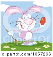 Royalty Free Vector Clip Art Illustration Of A Pink Easter Bunny Painting An Egg Outdoors
